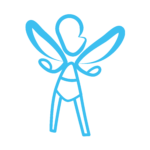 Logo ElleBam fée seul. Dessin sous fous forme de tracé d'une fée, dont la tête est de profil, des ailes confondu avec les bras, vêtu d'un body à ceinture et des jambes droites. Le dessin est de couleur bleue ciel.
