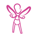 Logo ElleBam fée seul. Dessin sous fous forme de tracé d'une fée, dont la tête est de profil, des ailes confondu avec les bras, vêtu d'un body à ceinture et des jambes droites. Le dessin est de couleur rose.
