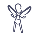 Logo ElleBam fée seul. Dessin sous fous forme de tracé d'une fée, dont la tête est de profil, des ailes confondu avec les bras, vêtu d'un body à ceinture et des jambes droites. Le dessin est de couleur grise.