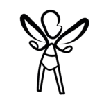 Logo ElleBam fée seul. Dessin sous fous forme de tracé d'une fée, dont la tête est de profil, des ailes confondu avec les bras, vêtu d'un body à ceinture et des jambes droites. Le dessin est de couleur noir.