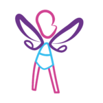Logo ElleBam fée seul. Dessin sous fous forme de tracé d'une fée, dont la tête est de profil de couleur rose, des ailes confondu avec les bras de couleur violette, vêtu d'un body à ceinture bleue et des jambes rose.