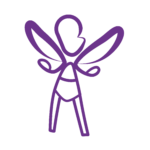 Logo ElleBam fée seul. Dessin sous fous forme de tracé d'une fée, dont la tête est de profil, des ailes confondu avec les bras, vêtu d'un body à ceinture et des jambes droites. Le dessin est de couleur viollette.