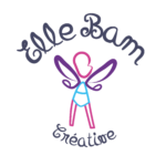 Logo ElleBam fée seul. Dessin sous fous forme de tracé d'une fée, dont la tête est de profil de couleur rose, des ailes confondu avec les bras de couleur violette, vêtu d'un body à ceinture bleue et des jambes rose. Écrit autour d'elle Elle Bam créative.